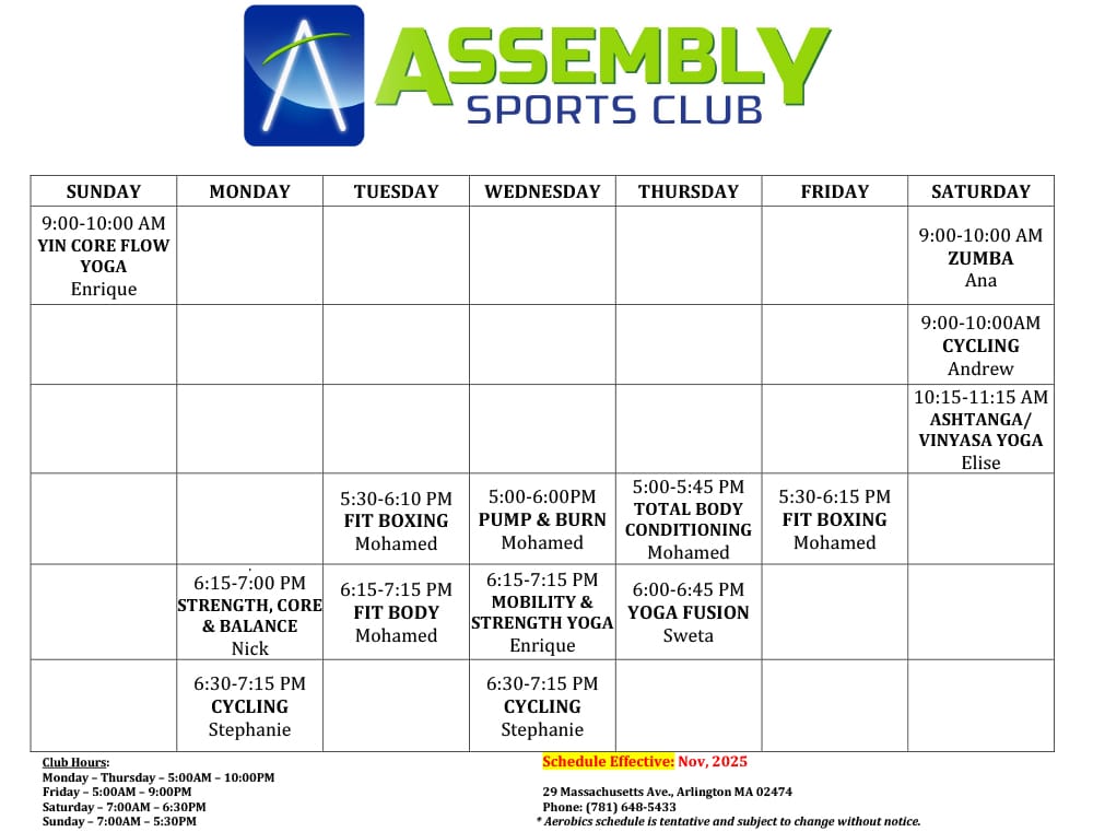 GroupX Class Schedule - Assembly Sports Club Arlington, MA